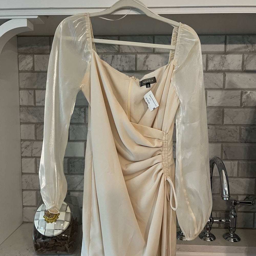 ASOS Beige Dress with Sheer Puff Sleeves